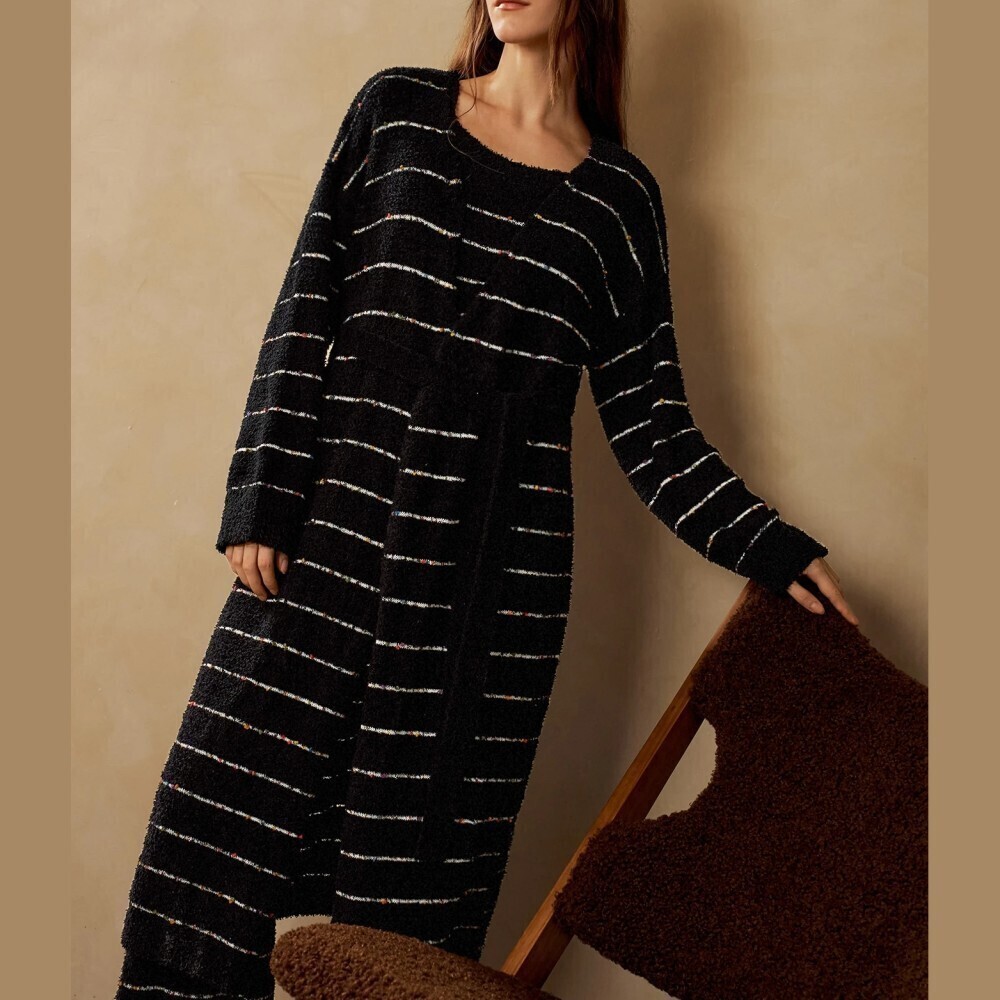 Black Confetti Striped Boucle Knit Oversized Long Sleeve Robe